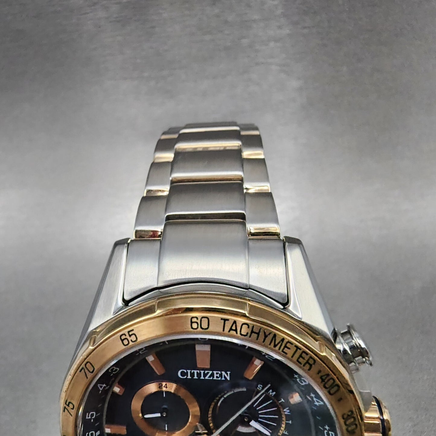Citizen EcoDrive PCAT Watch Men 43mm Blue Dial Two Tone Alarm Chrono CB591659L4