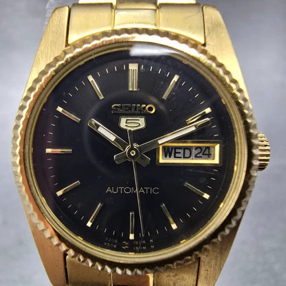 Seiko 5 Automatic Watch Women 25mm Black Dial Gold Tone Daydate 4206-0510 Runs1