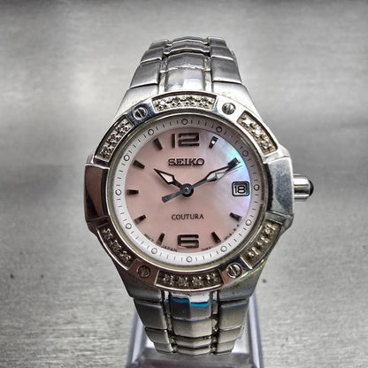 Seiko Coutura Watch Women 26mm MOP Dial Silver Tone Diamonds 7N82-0CG0 New Batt0