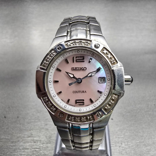 Seiko Coutura Watch Women 26mm MOP Dial Silver Tone Diamonds 7N82-0CG0 New Batt0
