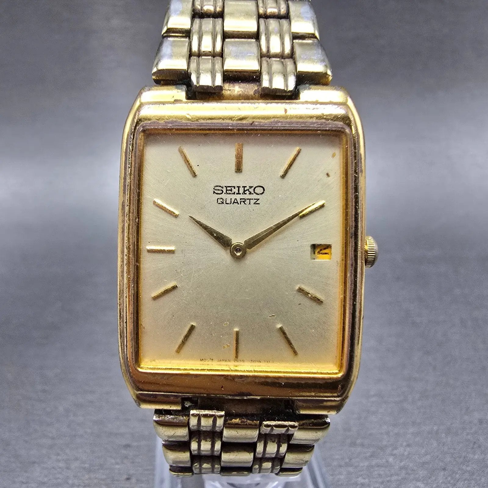 Seiko Watch Men 27mm Champagne Dial Gold Tone Date Rectangle 7N29-5B29 PARTS0