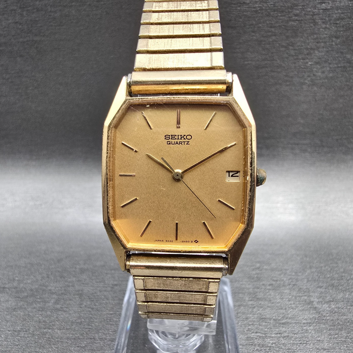 Seiko Watch Men 26mm Gold Dial Gold Tone Date Rectangle 6532-5310 New Battery0
