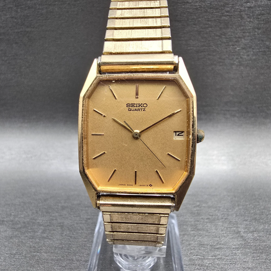 Seiko Watch Men 26mm Gold Dial Gold Tone Date Rectangle 6532-5310 New Battery0
