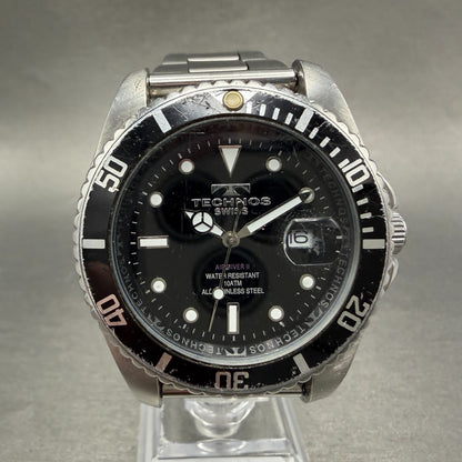 Technos Dive Watch Men 41mm Black Dial Silver Tone Round TAM629 New Battery A0