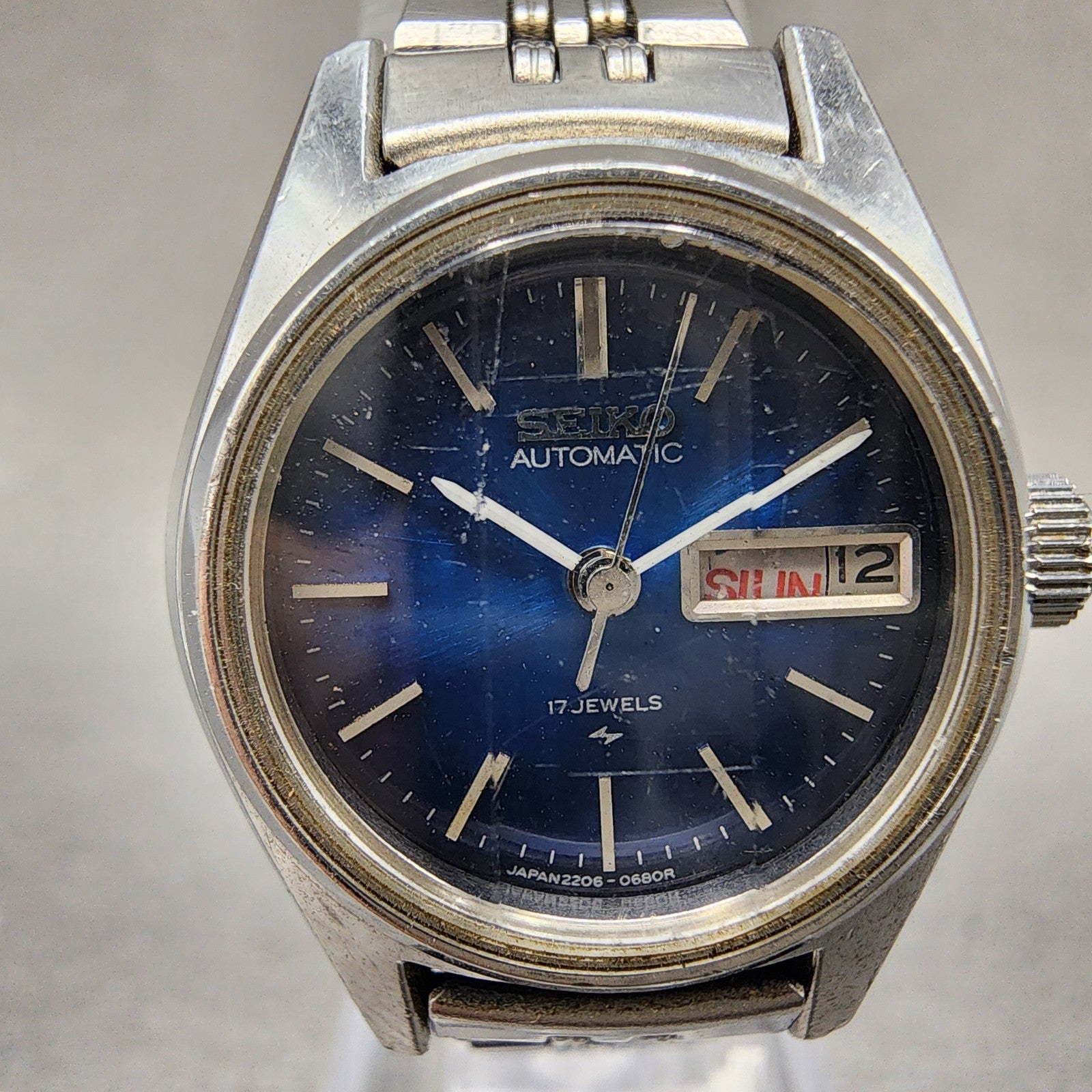 Seiko Automatic Watch Women 24mm Blue Dial Silver Tone Daydate READ!!!!!!!! Runs1