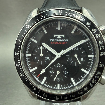 Technos Chronograph Watch Men 42mm Black Dial Silver Tone Round T4062 New Batt A1