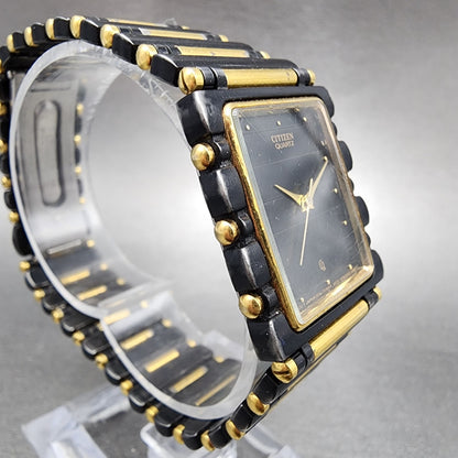 Citizen CQ Tank Watch Men 25mm Black Dial Two Tone Rectangle 2830-998851 New Bat