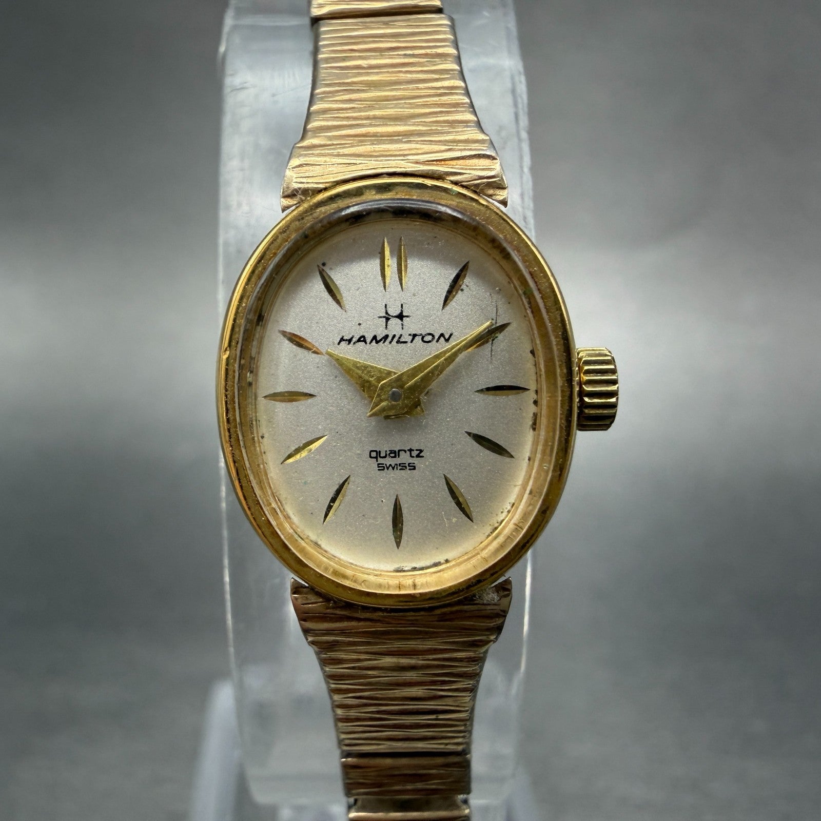 Hamilton Watch Women 14mm White Dial Gold Tone Oval New Battery Vintage ABC0