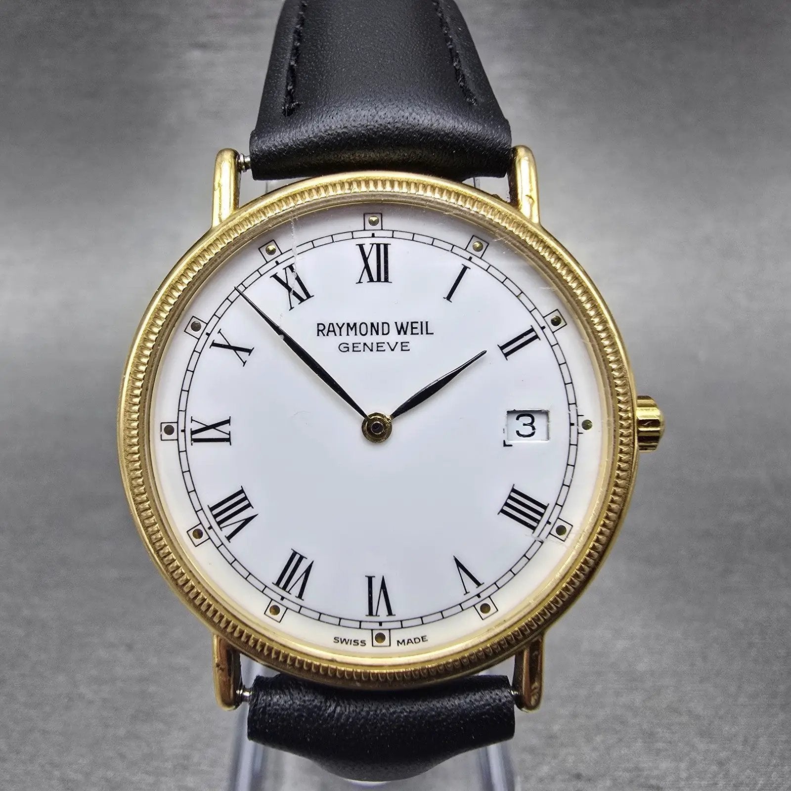 Raymond Weil Watch Men 32mm White Dial Gold Plated Date Round 5514 New Battery S0