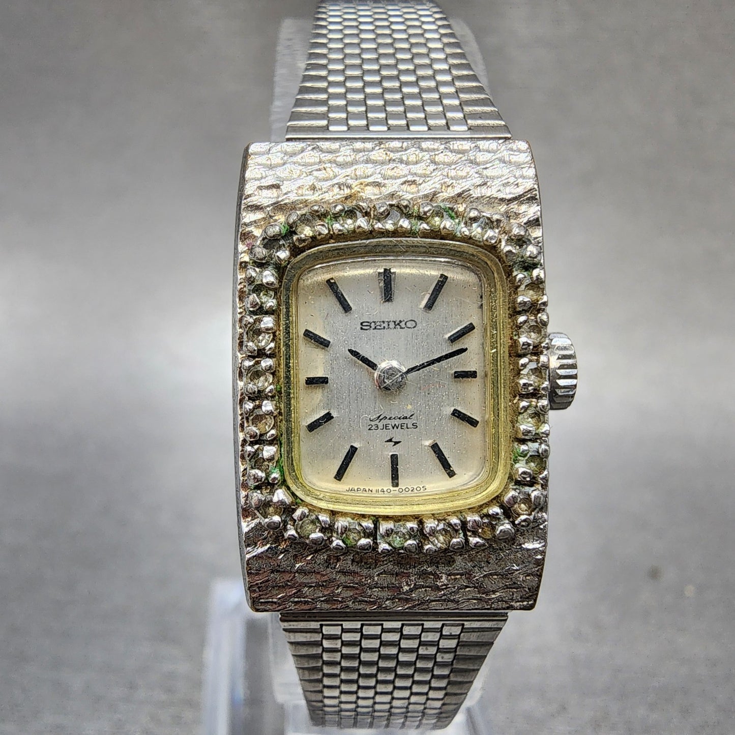 Seiko Tank Watch Women 17mm Silver Dial White Gold Plated Manual Wind Runs 11400