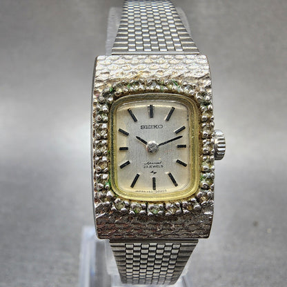 Seiko Tank Watch Women 17mm Silver Dial White Gold Plated Manual Wind Runs 11400