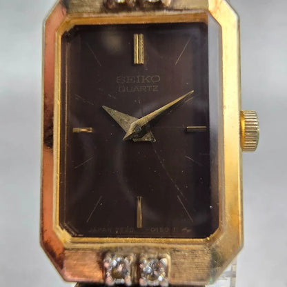Seiko Watch Women 14mm Brown Dial Gold Tone Gemmed Rectangle 2E20-5099 New Batt1