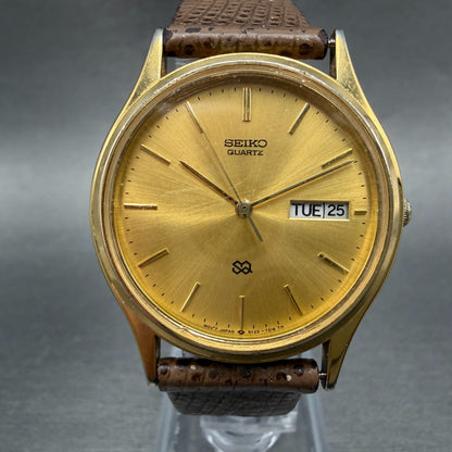 Seiko SQ Watch Men 34mm Champagne Dial Gold Tone Daydate 5Y23-7079 New Battery 50