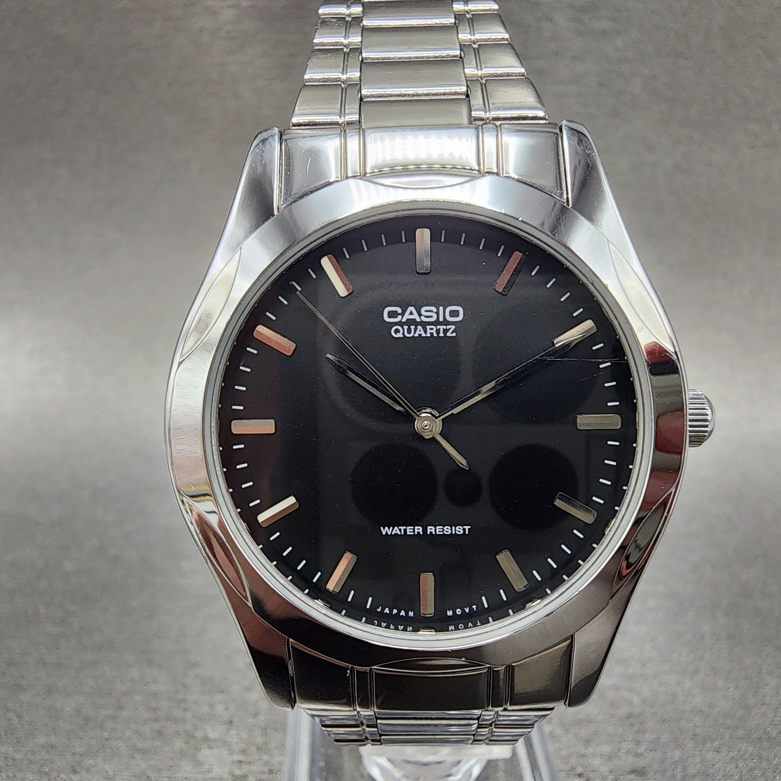 Casio Watch Men 35mm Balck Dial Silver Tone Round MTP1275 New Battery0