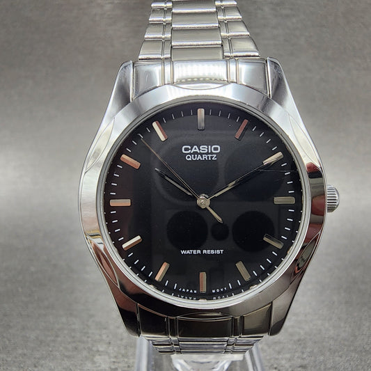 Casio Watch Men 35mm Balck Dial Silver Tone Round MTP1275 New Battery0