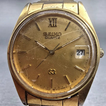 Seiko SQ Watch Men 32mm Gold Dial Gold Tone Date Round 5Y22-6009 New Battery VTG1