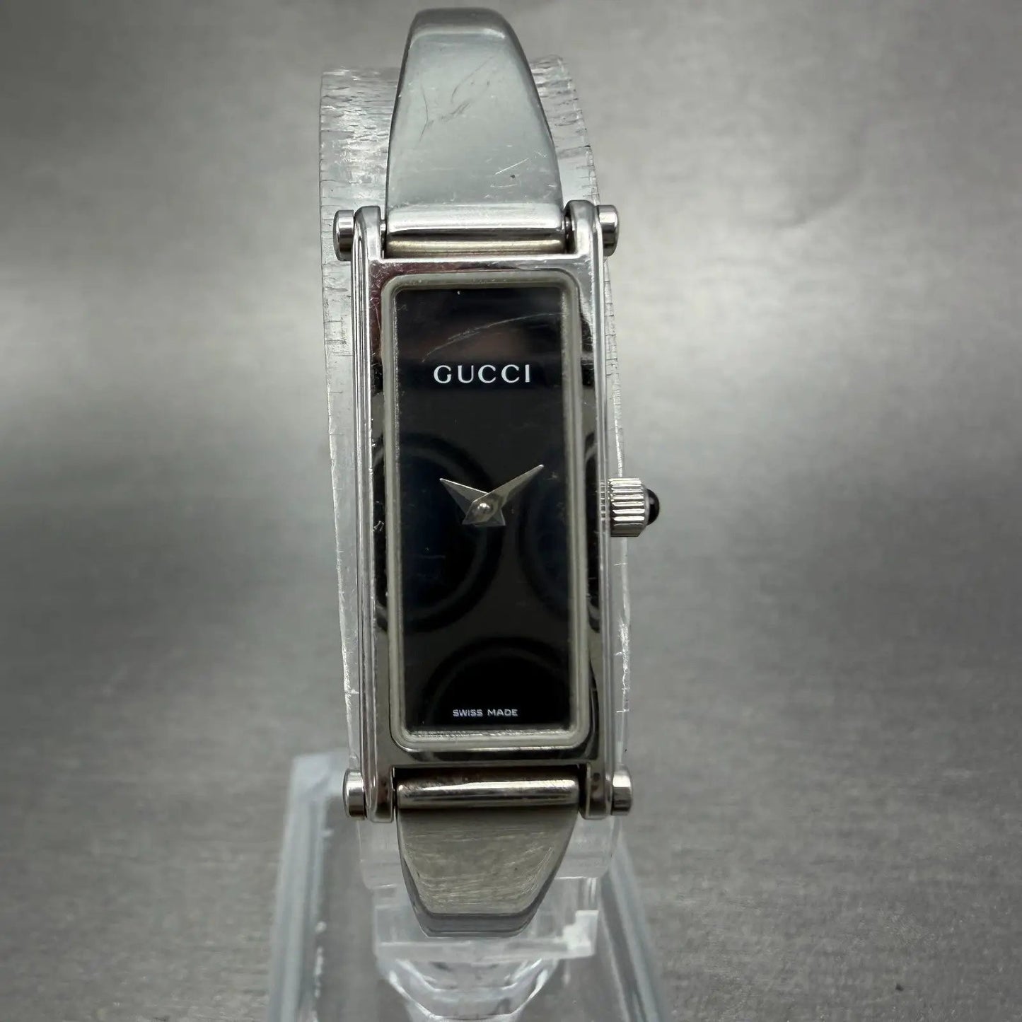Gucci 1500L Tank Watch Women 12mm Black Dial Steel Rectangle Bangle New batteryB0
