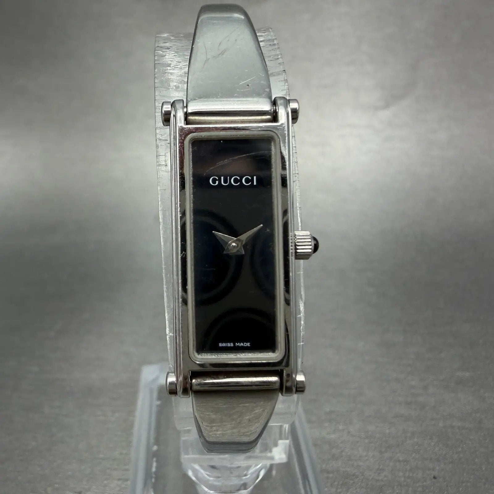 Gucci 1500L Tank Watch Women 12mm Black Dial Steel Rectangle Bangle New batteryB0