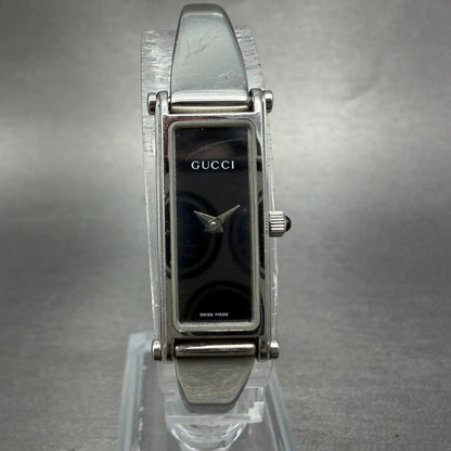 Gucci 1500L Tank Watch Women 12mm Black Dial Steel Rectangle Bangle New batteryB0