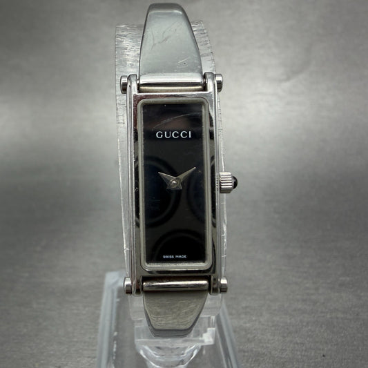 Gucci 1500L Tank Watch Women 12mm Black Dial Steel Rectangle Bangle New batteryB0