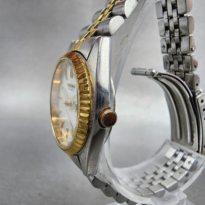 Seiko Watch Women 24mm White Dial Two Tone Daydate Round 7N830049 New Batt AB122