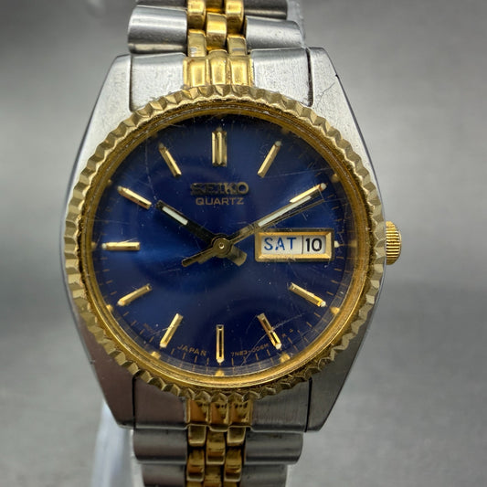 Seiko Watch Women 24mm Blue Dial Two Tone Daydate Round 7N83-0041 New Batt0