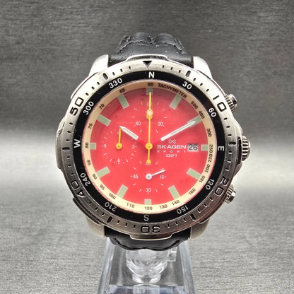 Skagen Chronograph Watch Men 41mm Red Dial Silver Tone Date 12USNR New Battery0