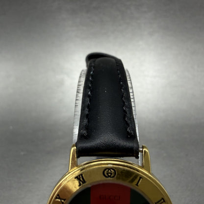 Gucci 3000L Watch Women 26mm Red Green Dial Gold Plated Round Leather New BattA14
