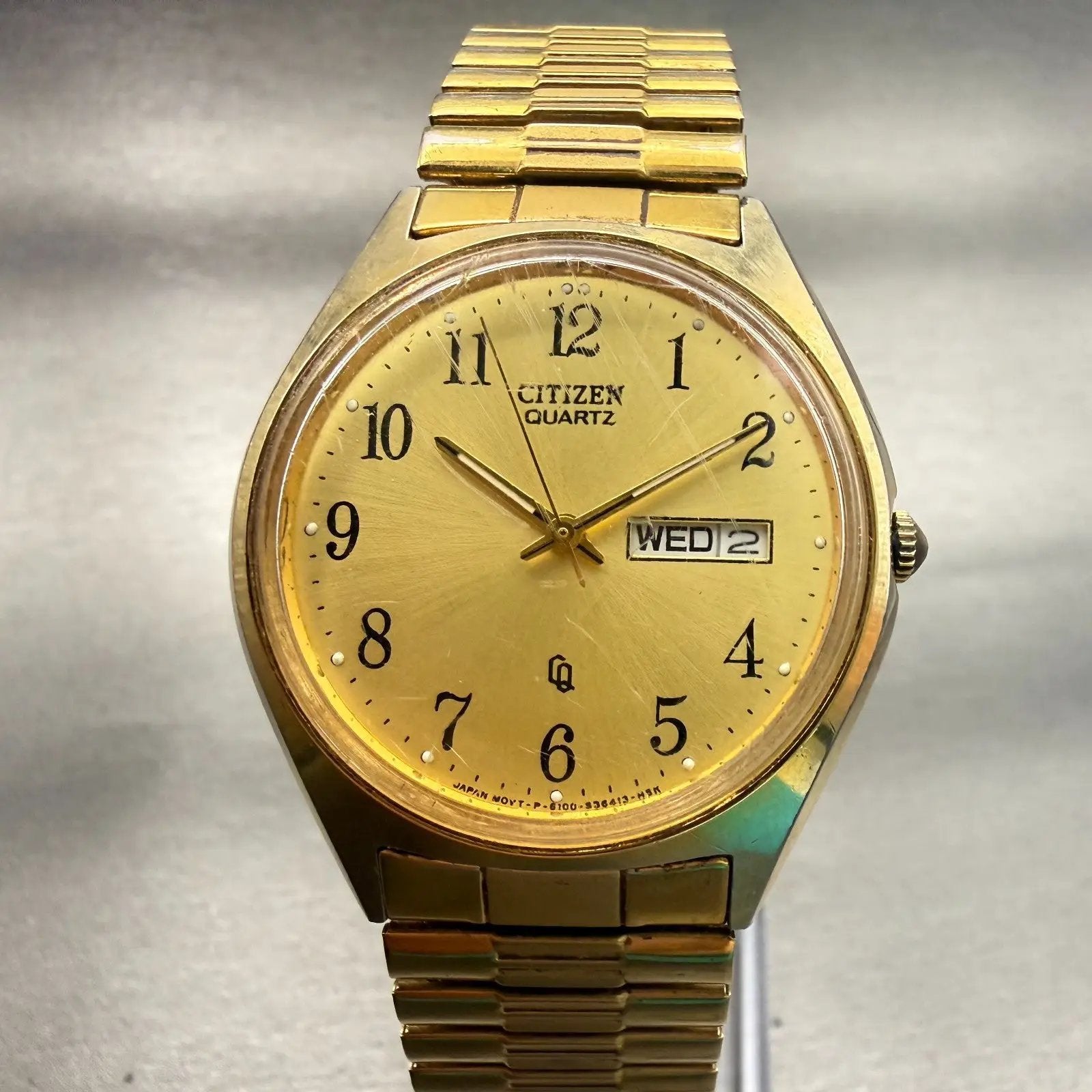 Citizen CQ Watch Men 35mm Gold Dial Gold Tone Daydate Round 6100-S24876 New Batt0