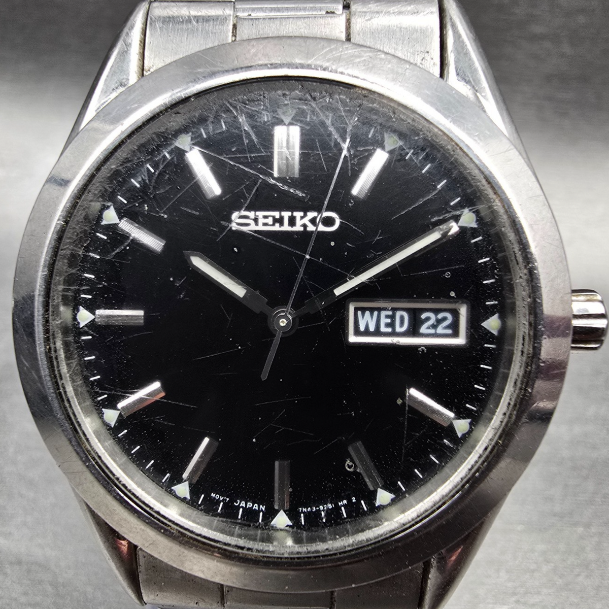 Seiko Watch Men 37mm Black Dial Silver Tone Daydate Round 7N43-9070 New Battery1