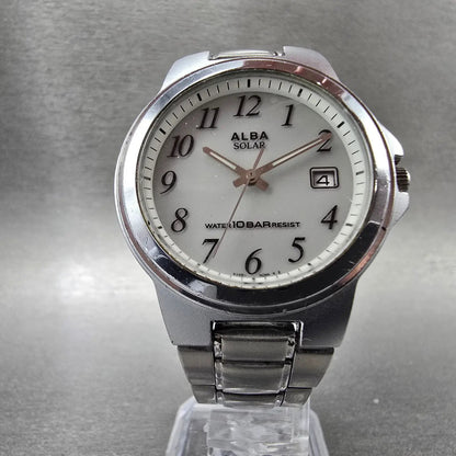 Seiko Alba Solar Watch Men 35mm White Dial Silver Tone Date V145-0BG0 Runs5