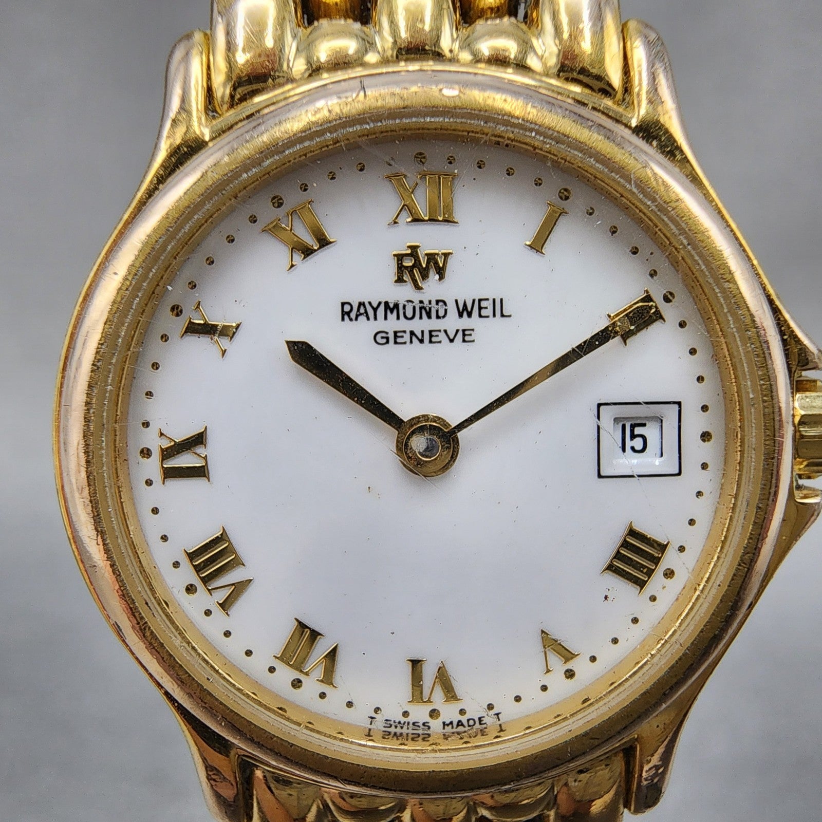 Raymond Weil Watch Women 24mm White Dial Gold Tone Date Round 5368 New Battery1