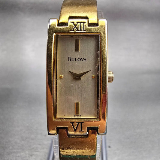 Bulova Watch Women 15mm Champagne Dial Gold Tone Rectangle New Battery 97T460