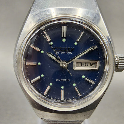Citizen Automatic Watch Women 26mm Blue Dial Silver Tone Daydate Round Runs VTG1