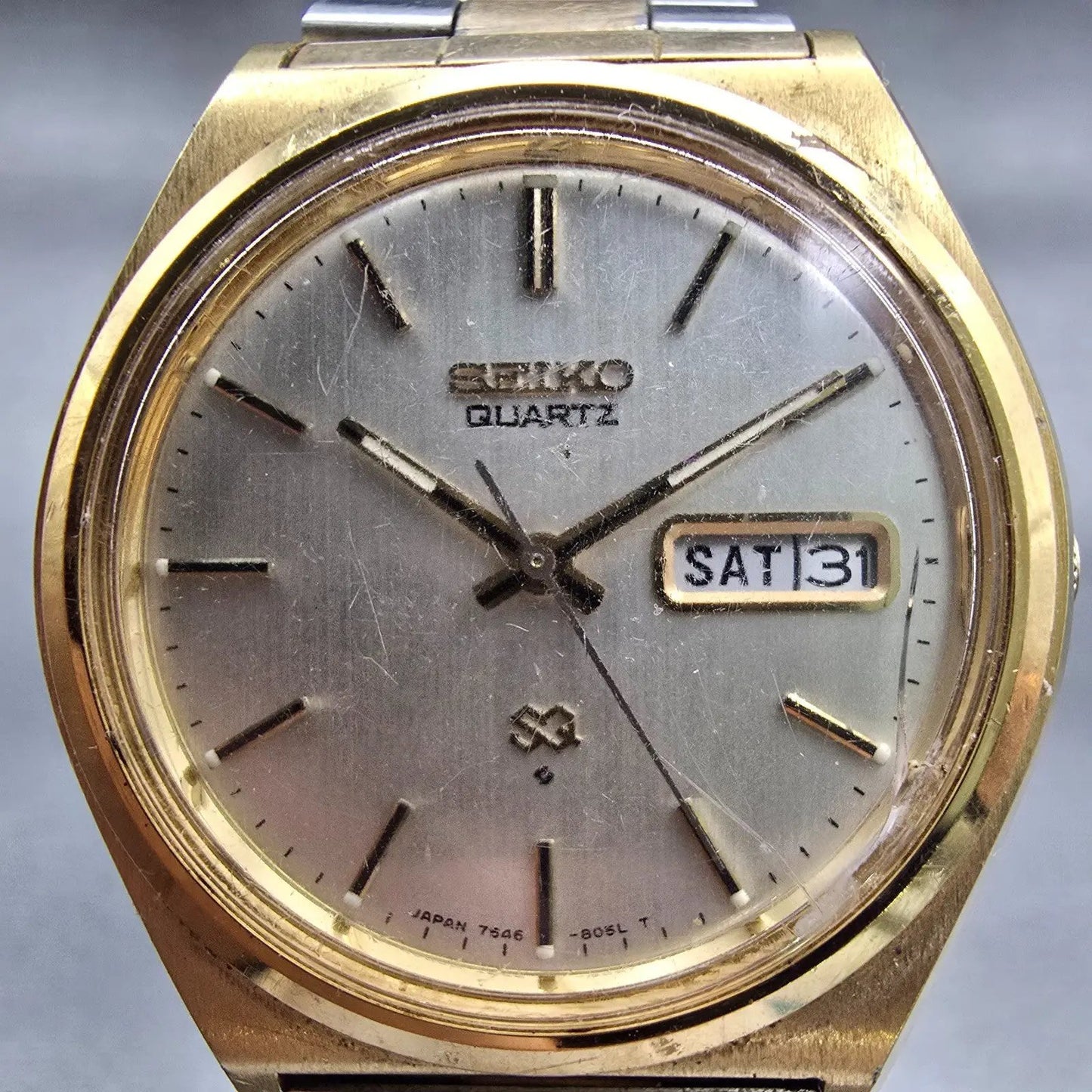 Seiko SQ Watch Men 37mm Silver Dial Two Tone Daydate Round 7546-8049 New Batt1