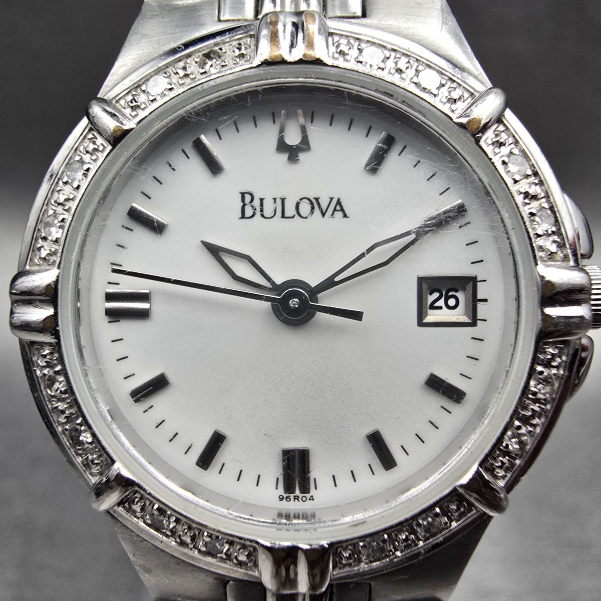 Bulova Watch Women 25mm White Dial Silver Tone Date Crystals 96R04 New Battery 21