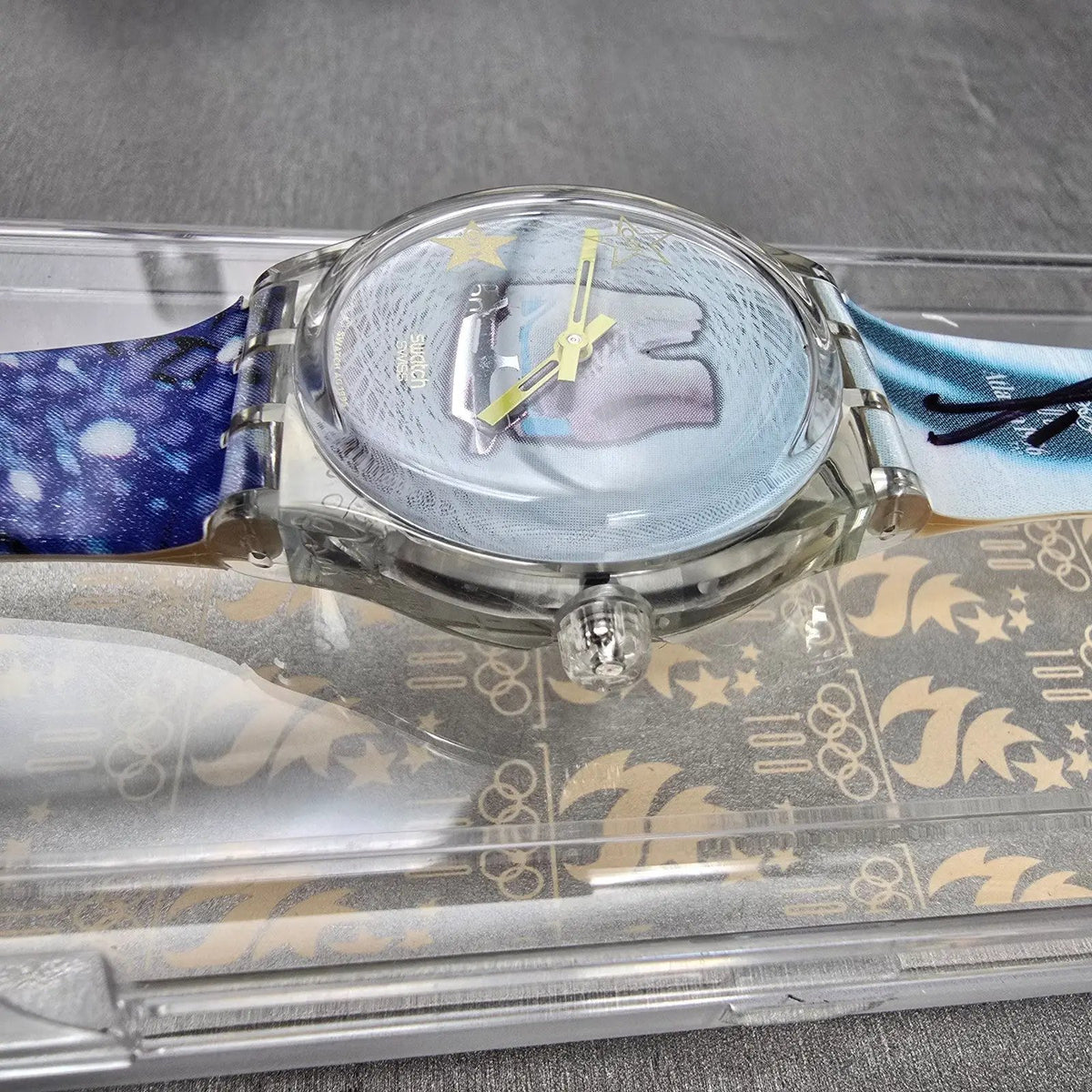 Swatch Musicall Katarina Witt Watch Woman 34mm Blue Dial Clear Case SLZ105 NOS4
