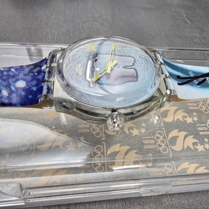 Swatch Musicall Katarina Witt Watch Woman 34mm Blue Dial Clear Case SLZ105 NOS4