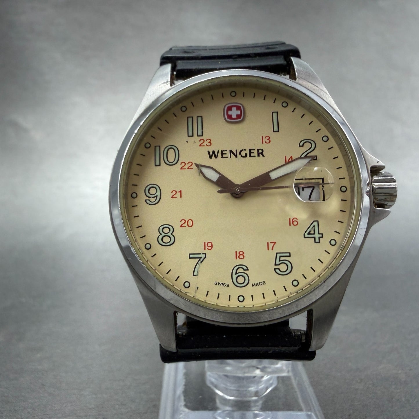 Wenger Watch Men 38mm Cream Dial Silver Tone Date Round 7270X PARTS Vintage6