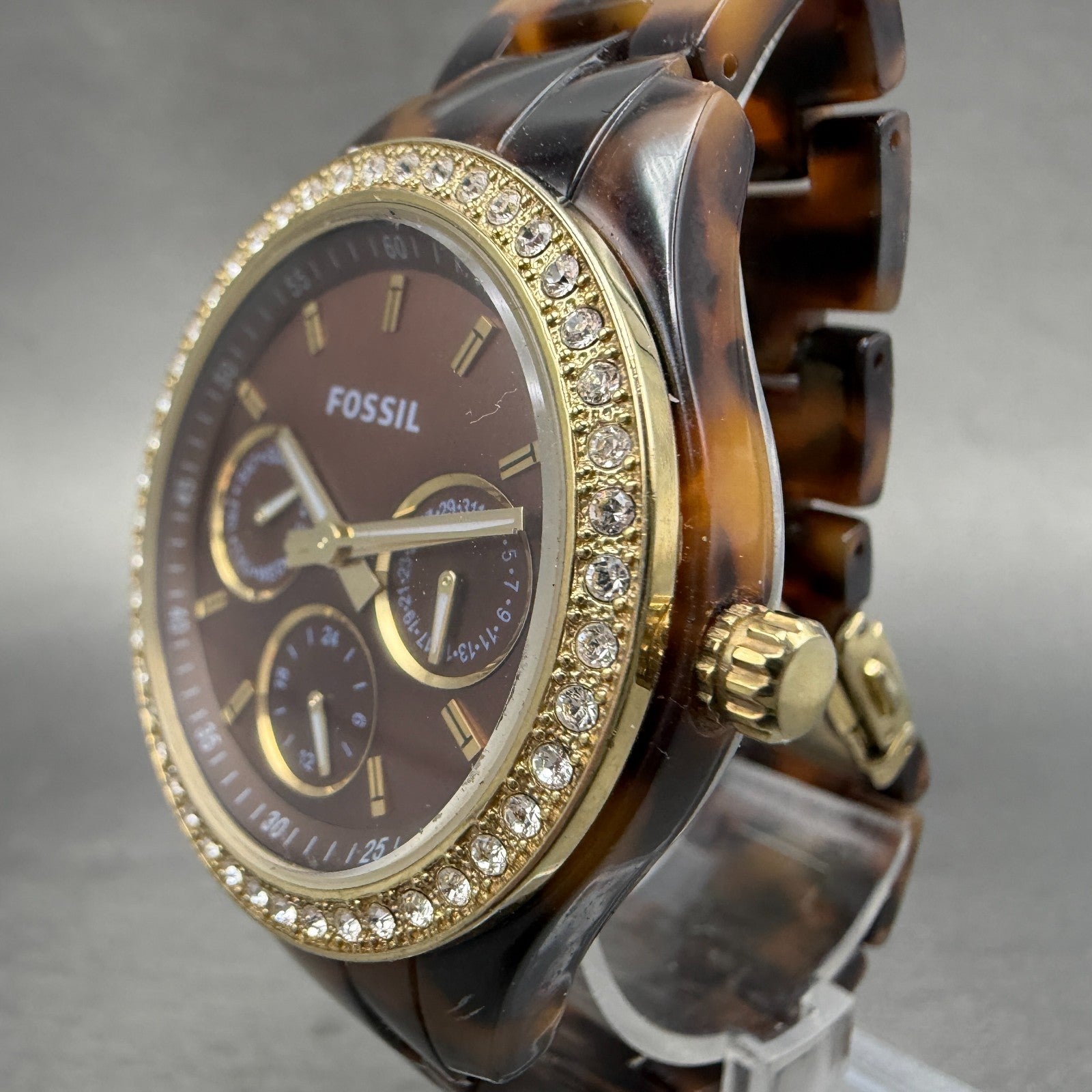 Fossil Stella Watch Women 37mm Brown Dial Brown Tortoise Daydate ES2795 New batt2
