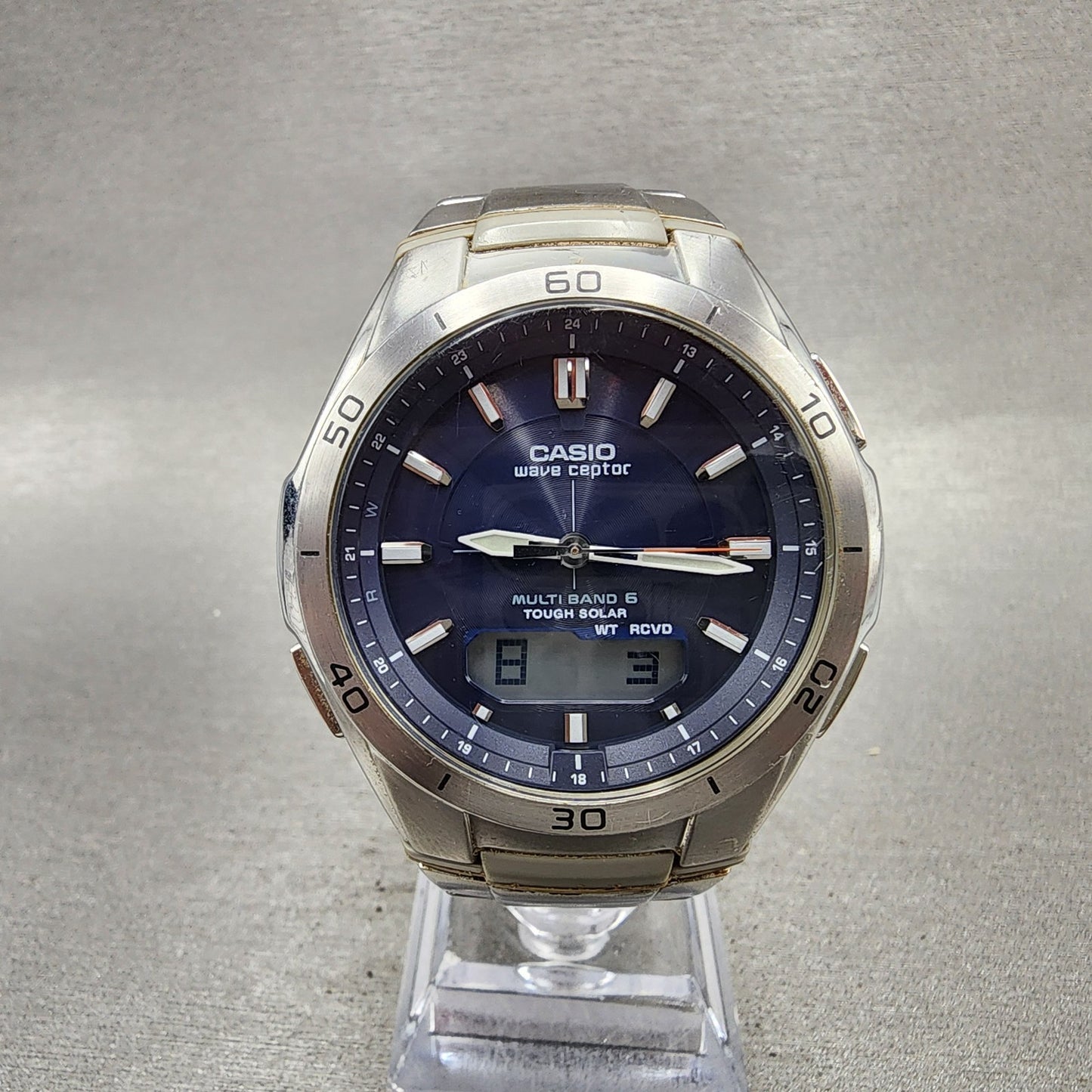 Casio Wave Ceptor Watch Men 42mm Blue Dial Steel Solar Analog Digital Works B120