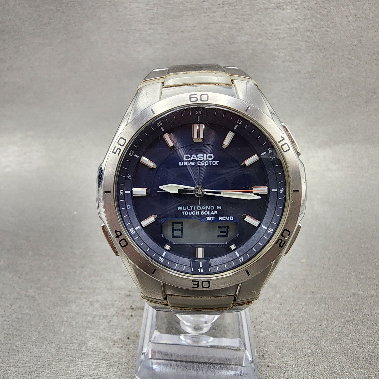 Casio Wave Ceptor Watch Men 42mm Blue Dial Steel Solar Analog Digital Works B120