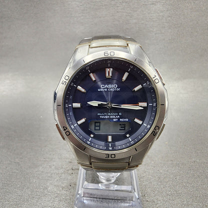Casio Wave Ceptor Watch Men 42mm Blue Dial Steel Solar Analog Digital Works B120