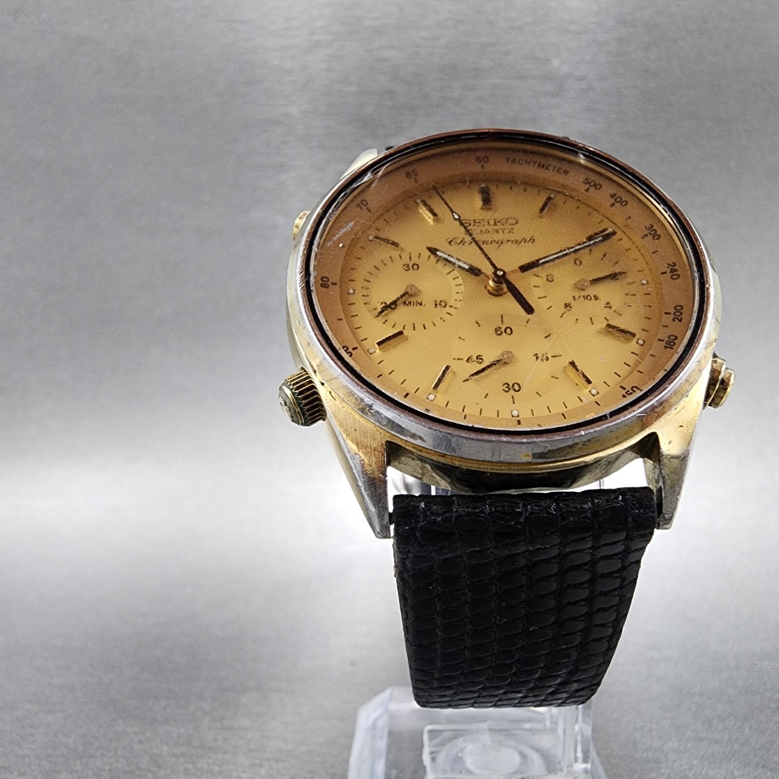 Seiko Chronograph Watch Men 37mm Gold Dial Two Tone 7A287029 Round READ!!!!!5