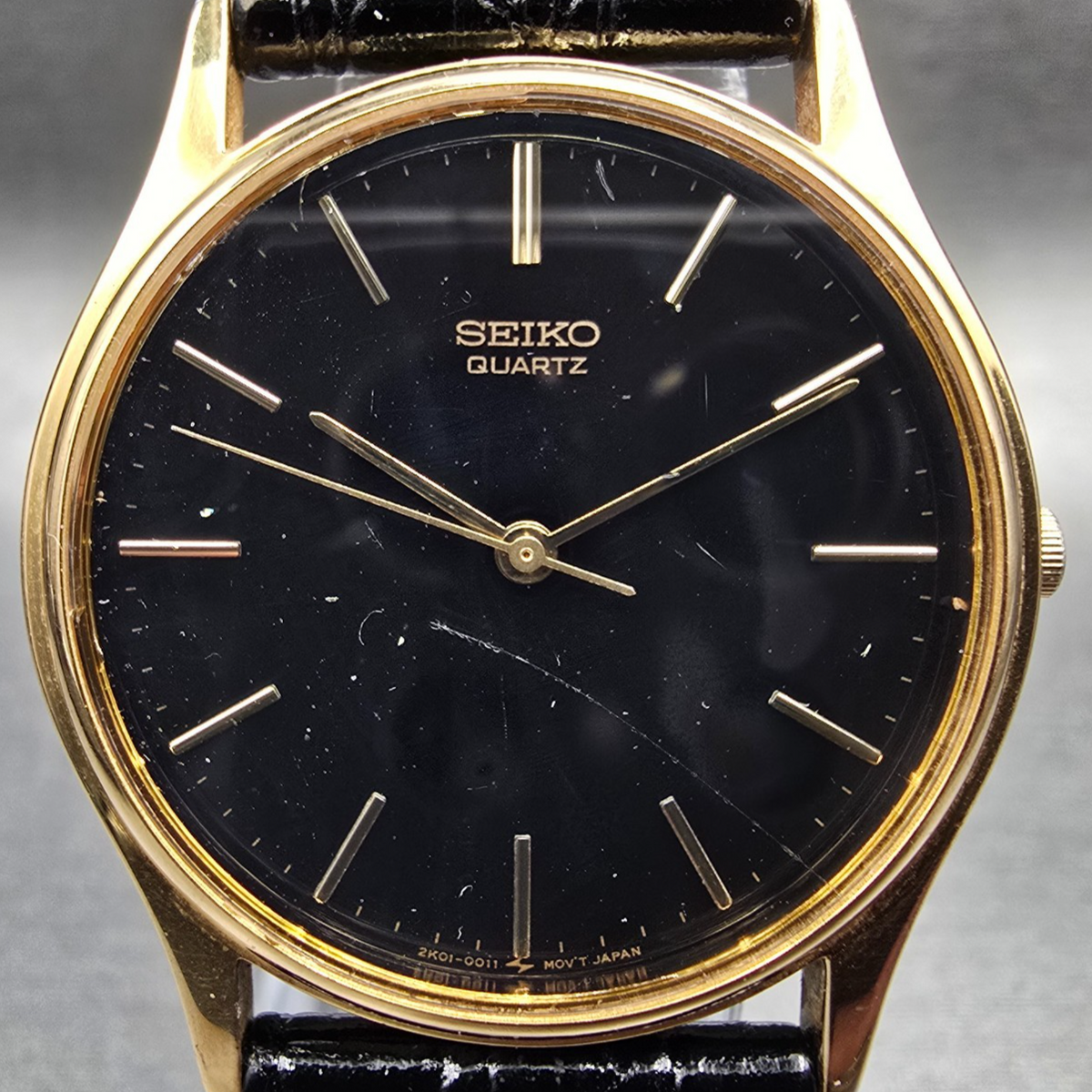 Seiko Watch Men 31mm Black Dial Gold Tone Round 2K01-0011 New Battery Vintage1