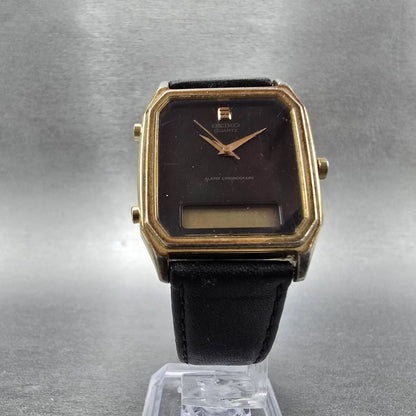 Seiko Analog Digital Watch Men 28mm Black Gold Alarm Chrono H449-5210 PARTS VTG6