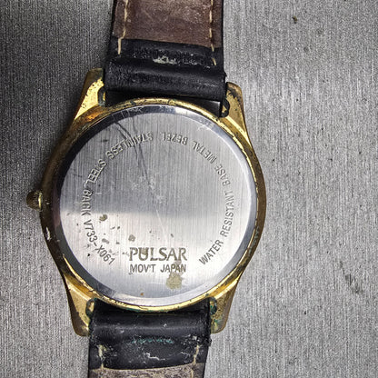 Seiko Pulsar Watch Men 37mm Gold Dial Gold Tone Daydate Round V733-X061 New Batt10
