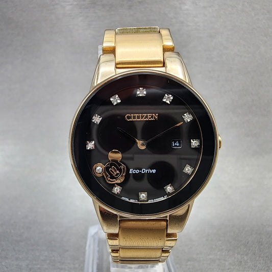 Citizen EcoDrive Mickey Mouse Watch Women 29mm Black Dial Rose Gold Date Runs0