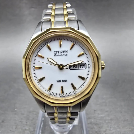 Citizen Eco-Drive Watch Women 26mm White Dial Two Tone Daydate E001-S053480 Runs0