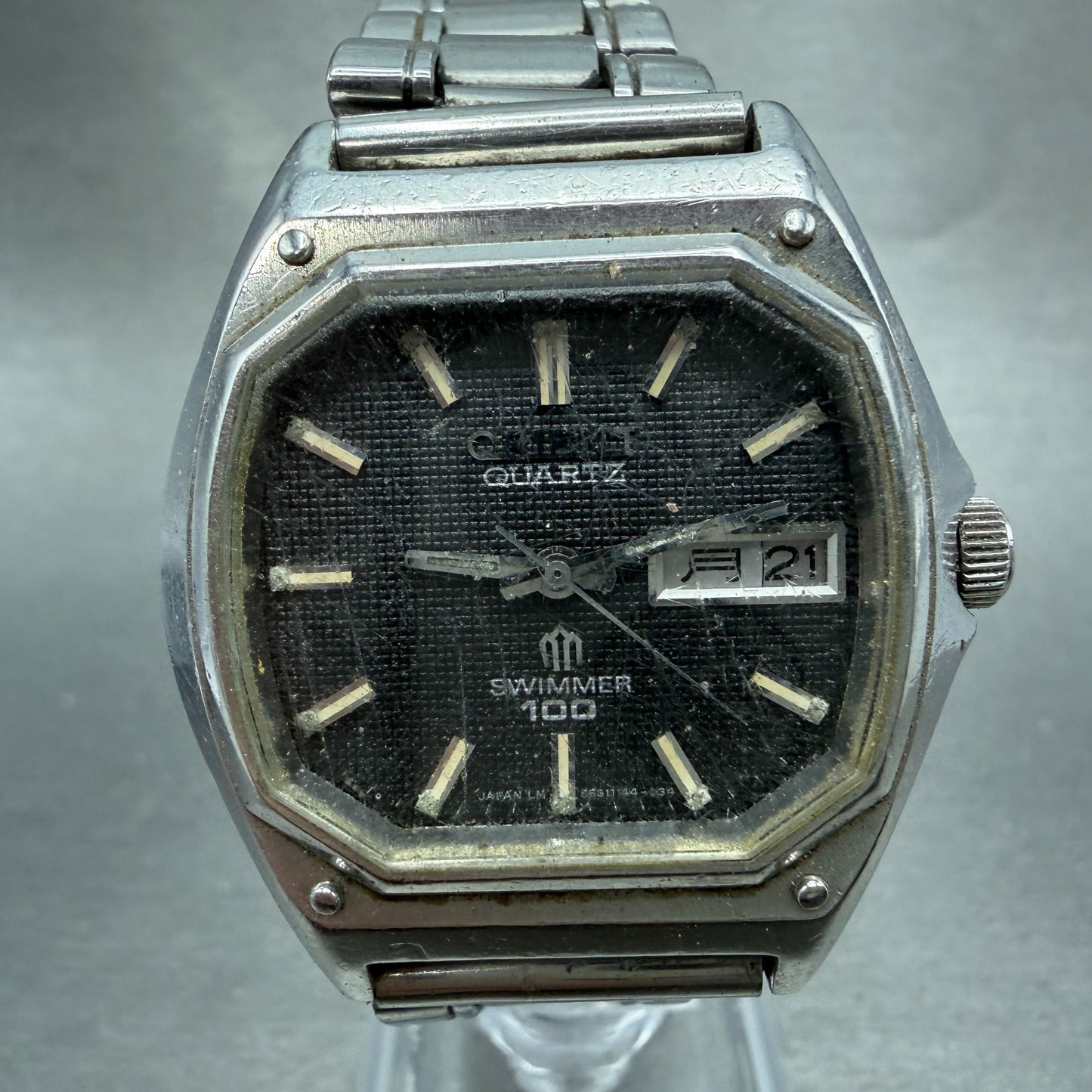 Orient Swimmer Watch Men 35mm Black Dial Silver Tone Daydate 569114-40 PARTS VTG0